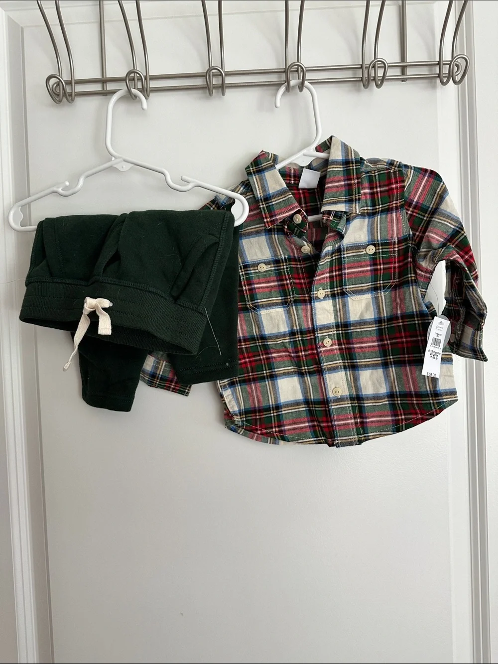GAP Green Sweatpants with Red & Green Plaid Flannel Shirt